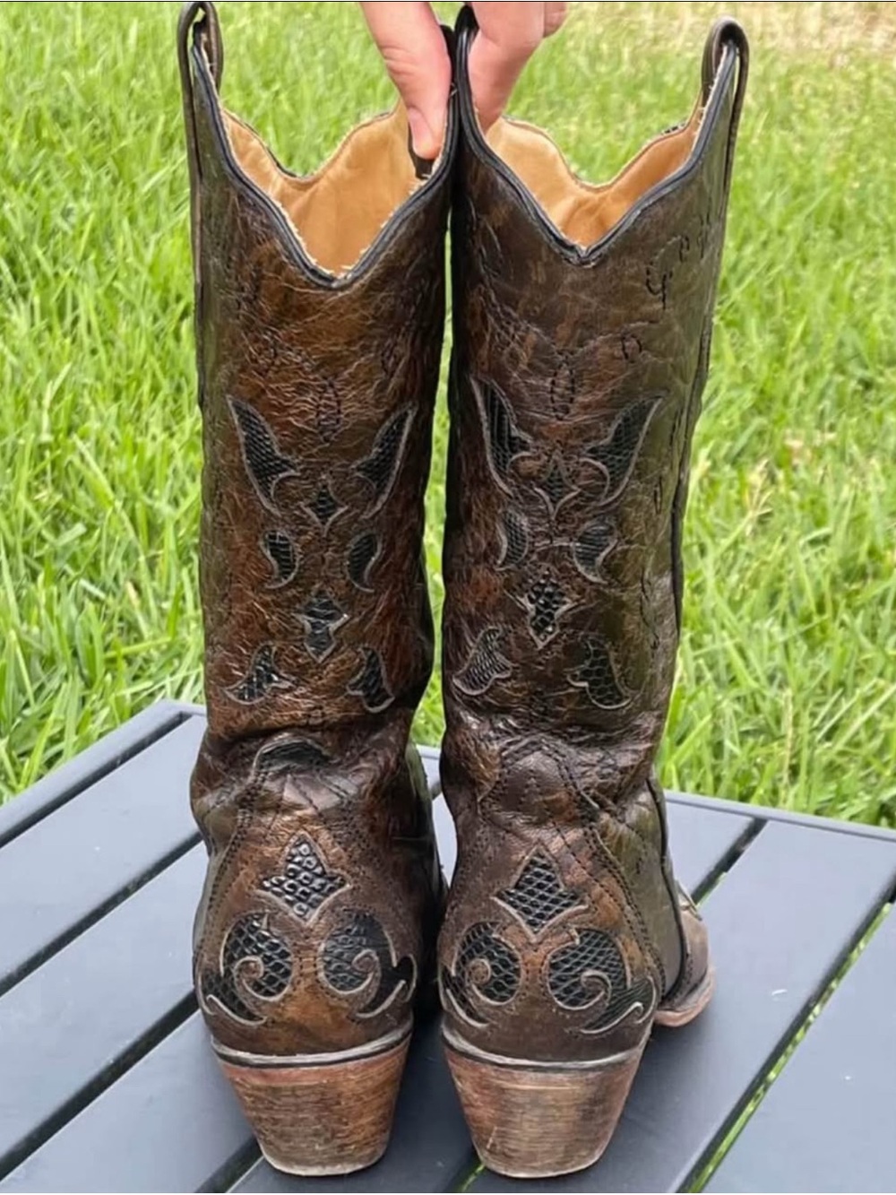 Distressed Brown Leather Western CORRAL Boots with Black Inlay - Picture 2 of 8